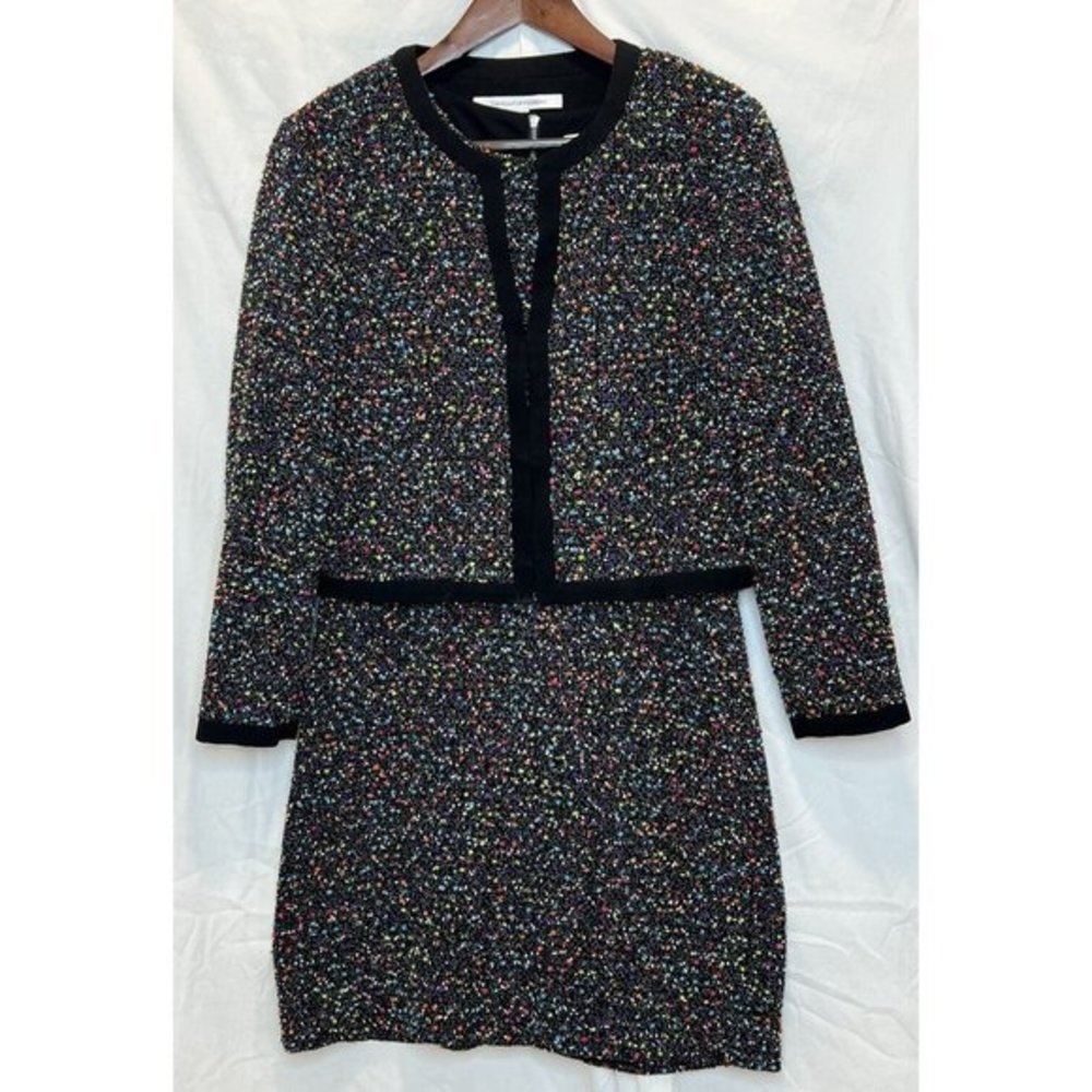 Diane Von Furstenberg Emery Tweed Multicolor  Textured Jacket & Shift Dress Sz 6